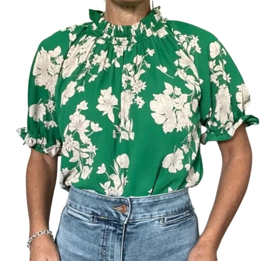 Sienna Sky Floral Blouse Womens Large Green Smocked High Neck‎ Puff Sleeve Top